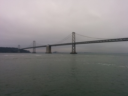 The San Francisco-Oakland Bay Bridge, as seen from the end of Pier 14